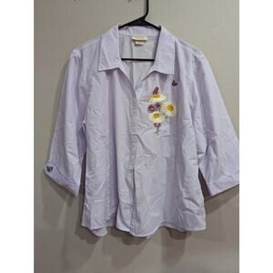 Pretty purple and white pinstripe 3/4 length sleeve collared button up blouse XL